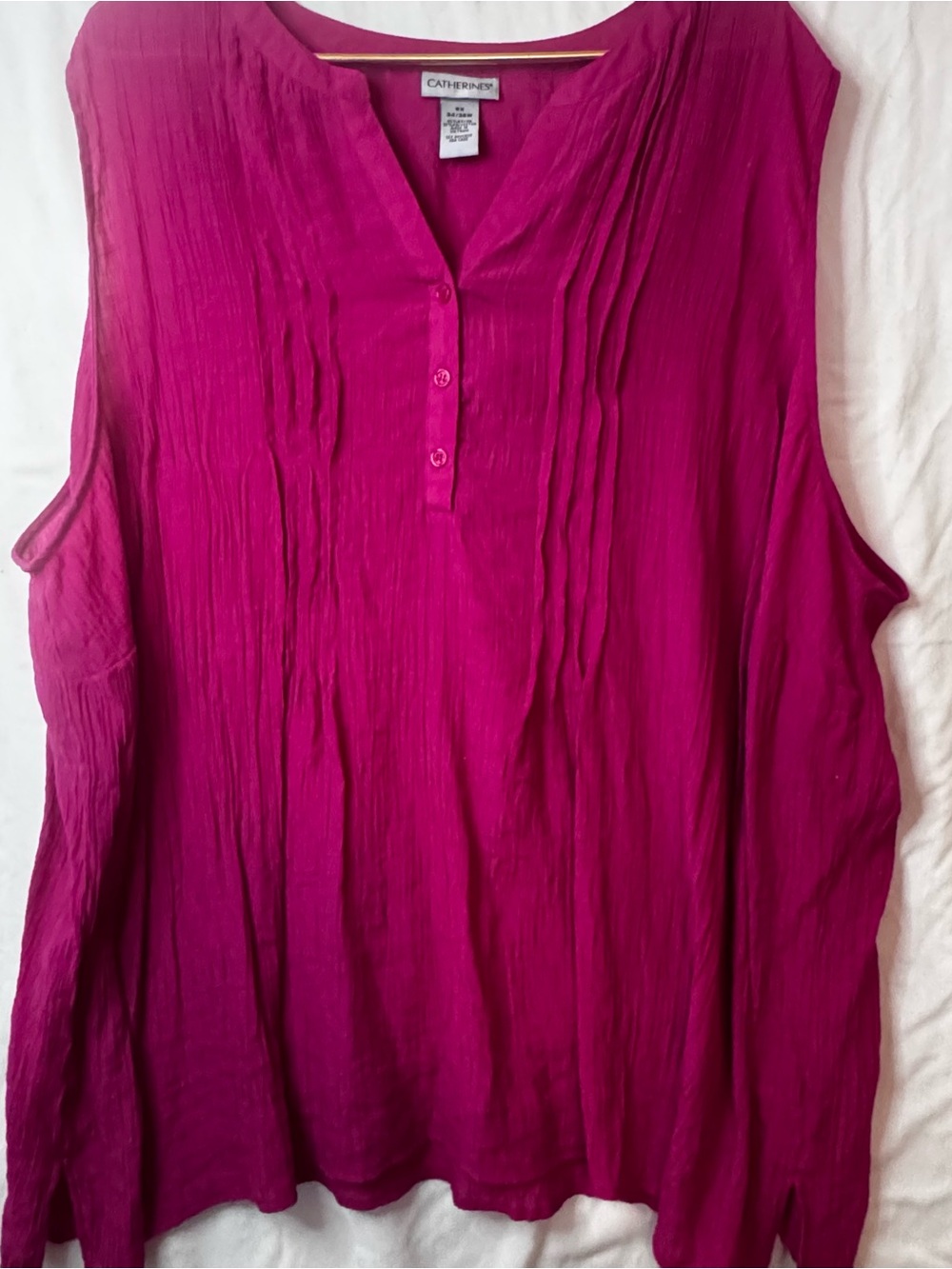 Catherines Sleeveless Pintuck Henley Tank - Fuchsia